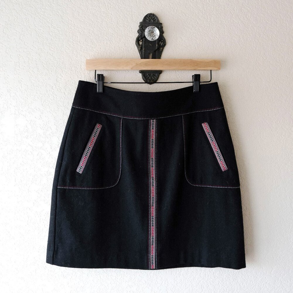 LOFT 8P Wool Blend Skirt Black Embroidered Zip Mini Petite Lined